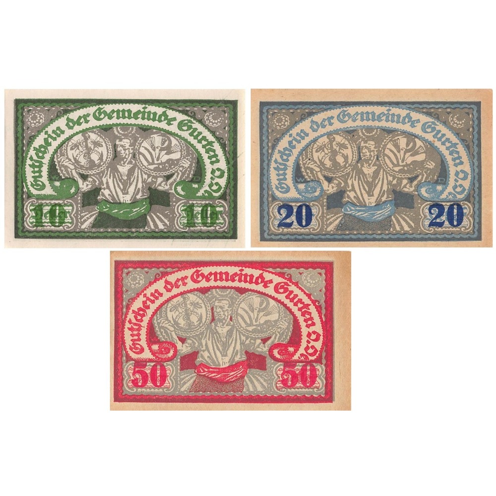 Vintage 1920 Austria Notgeld Gurten Banknote Set 10 20 50 Heller Emergency Money